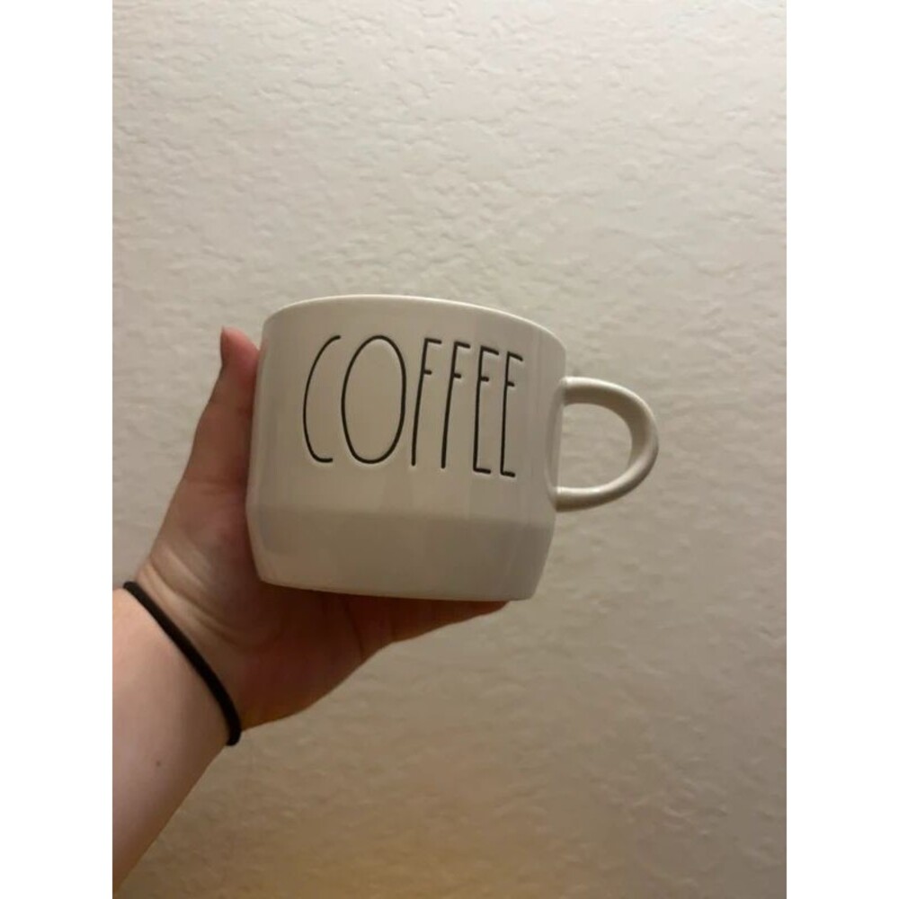 Rae Dunn Short Chubby Coffee Mug Large Black Letters. Kitschy, Fun, Collectible